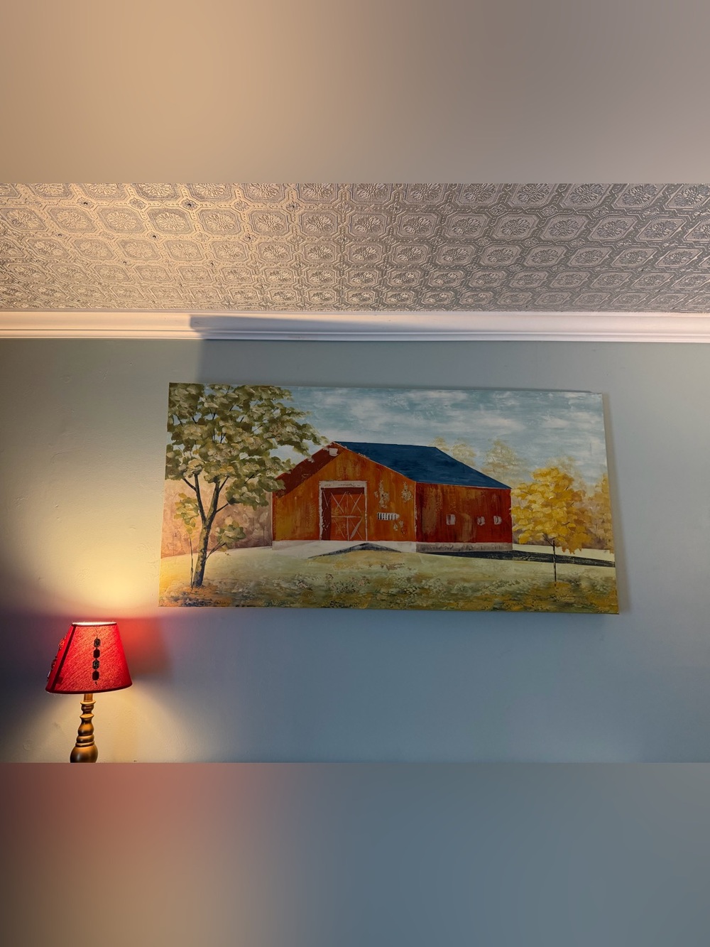 Source Unknown Red Barn Painting with Blue Roof and Green Trees